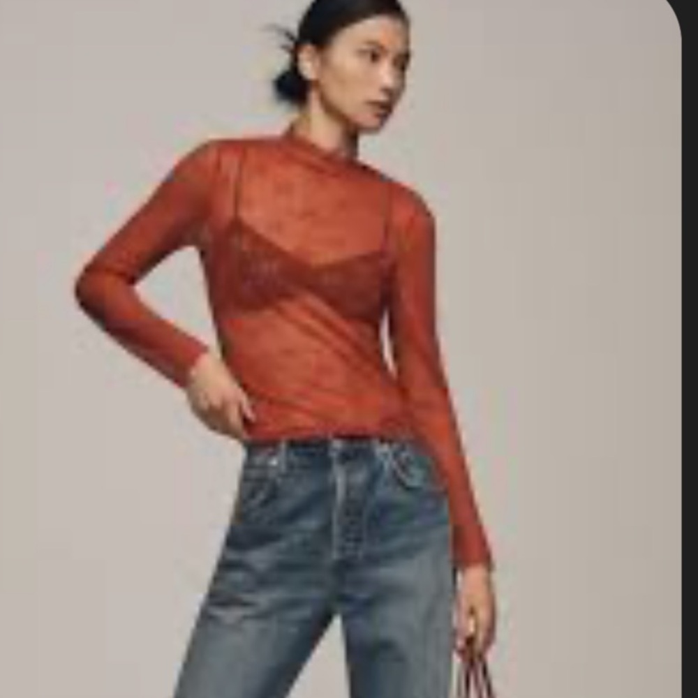 Anthropologie Maeve Bow Sheer Lace Turtleneck Top Red - Picture 3 of 10
